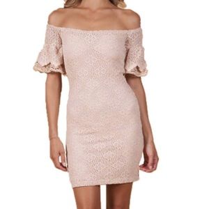 Nightcap Nude Lace Off the Shoulder Dress
